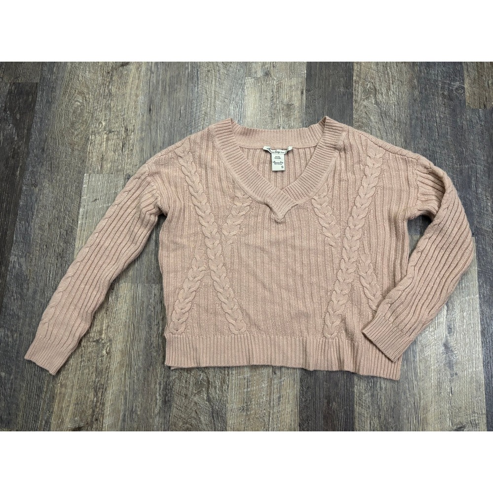 American Rag Cie Pink Cable Knit V-Neck Sweater Small Ribbed Long Sleeve Blush